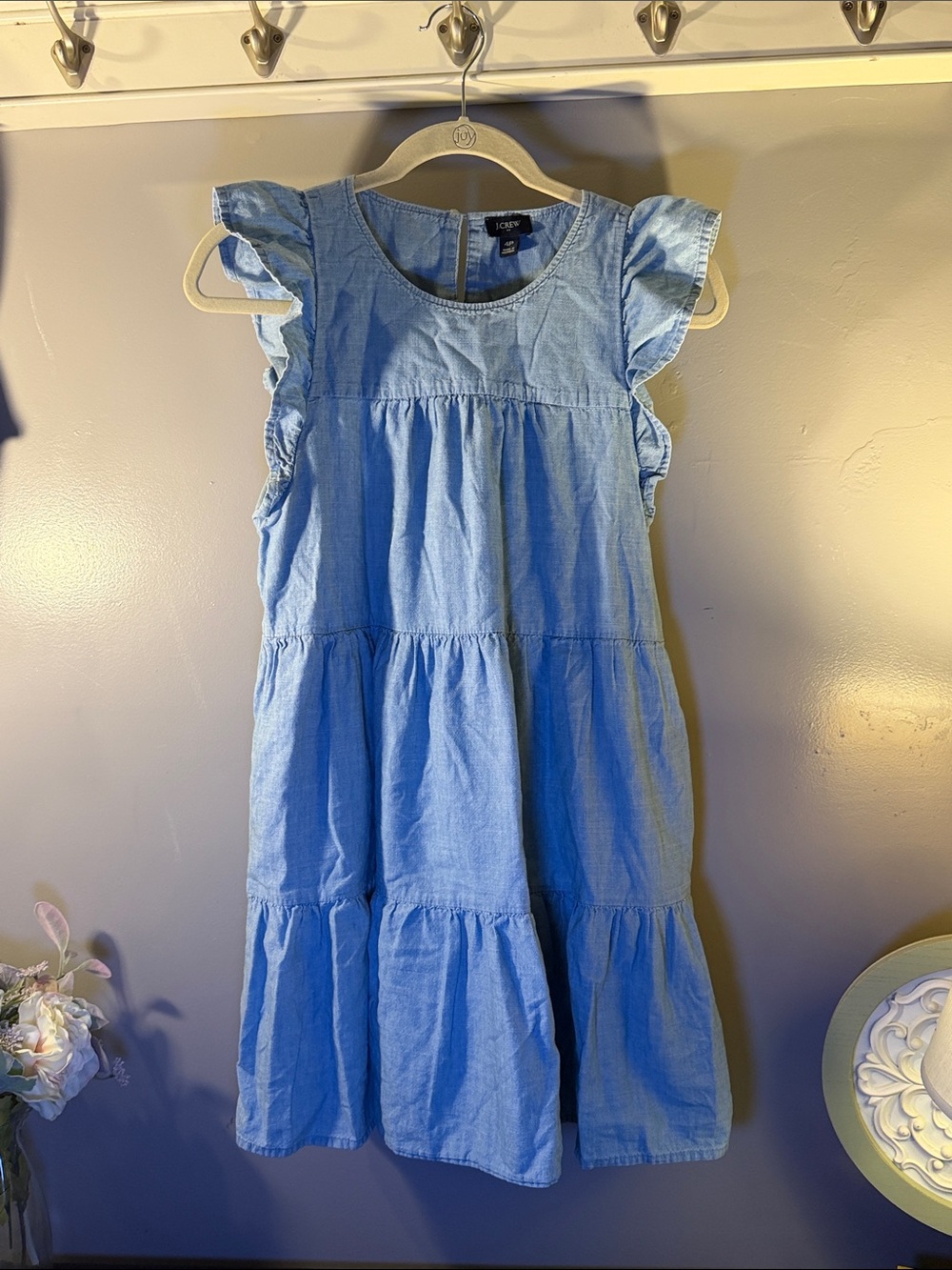 J. Crew Light Blue Tiered Chambray Dress with Ruffle Sleeves